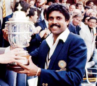 India's first World Cup win in 1983. World Cup Trophy being lifted by then Captain Kapil Dev. Pic Credit: www.mi-day.com